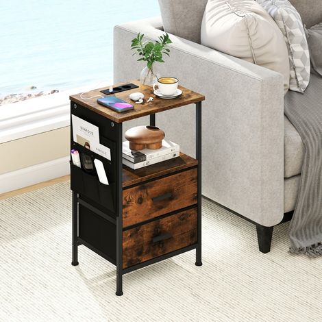 Lot de 2 Table d’Appoint avec Station de Charge Table de Chevet avec 2 Tiroirs en Tissu Pliants 6 Poches Latérales Marron Rustique (1/5)