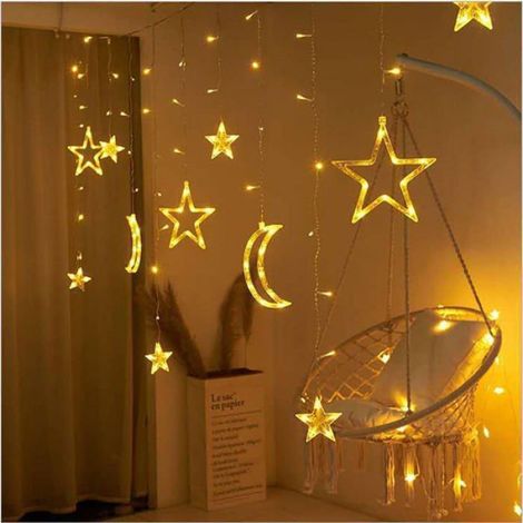 Guirlande lumineuse LED, étoiles et lune, rideau lumineux pour fenêtre, alimenté par batterie, 3,5 m/11,5 pi, LED, blanc chaud (1/4)