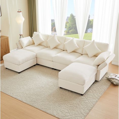 Sofá modular U/L de chenilla beige con 2 pufs, 4 cojines y 2 reposacabezas DESVIAE (1/5)