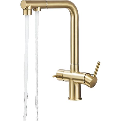 Grifo de cocina, caño extraíble, doble manija, oro cepillado. (1/2)