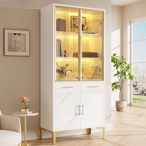 Vitrine de salon - 75 x 38 x 170 cm - vaisselier buffet haut avec portes en verre led app et 2 tiroirs style marbre moderne - blanc et doré (1/5)