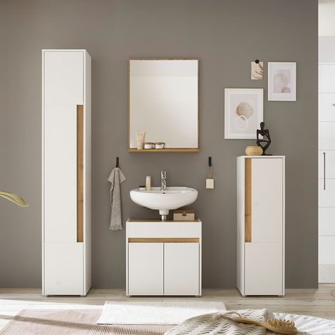 Badmöbel Set 4-teilig mit Waschtischunterschrank 60cm, in Weiß mit Eiche - CRISP-61 (1/5)