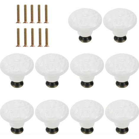 Lot de 10 boutons de porte en céramique blanche de 34 mm, boutons de tiroir vintage en forme de champignon pour armoire, commode, tiroir, porte d'armoire (1/5)
