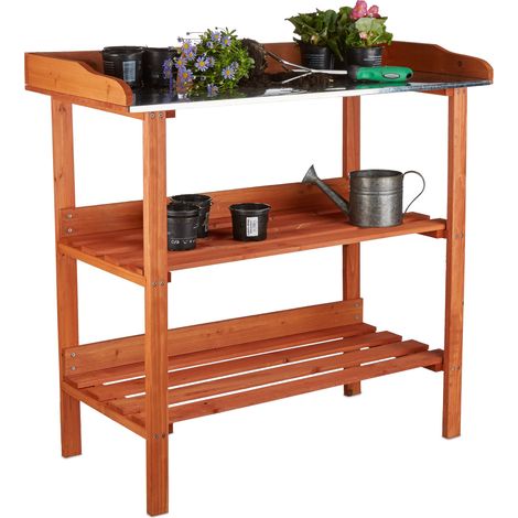 Relaxdays – Table de rempotage en bois avec plan de travail en métal – 3 étagères – Dimensions H 87,5 cm x L 91,8 cm x P 41,5 cm – Charge max 36 kg