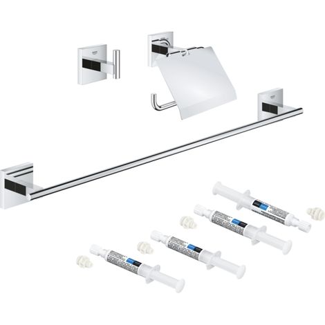 Set de accesorios cromados 3 en 1 GROHE Start Cube + 2 GROHE QuickGlue A1 + 1 GROHE QuickGlue A2