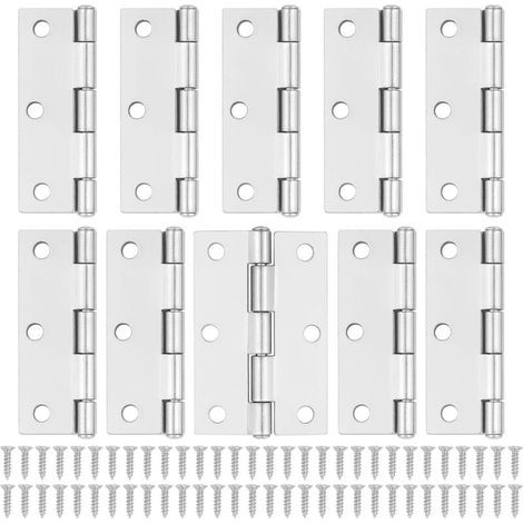 10 bisagras plateadas para puertas - Bisagras para puertas de armarios de 75 mm (3") con 60 tornillos plateados para bisagras de puertas de muebles de interior, bisagras para puertas de madera (1/4)