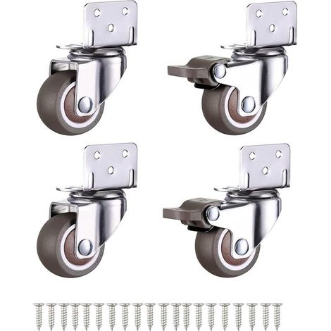 Lot de 4 roulettes pivotantes silencieuses (2 avec frein + 2 sans frein) de 3,2 cm (1,25 po) de diamètre, avec vis, équerre de fixation, caoutchouc argenté et marron, fixation latérale, pour pieds de (1/5)