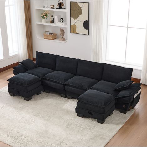 FloraGrace Canapé modulaire 4 places avec 2 poufs, 330 x 132 x 84 cm, corduroy noir, USB C, poches latérales (1/5)