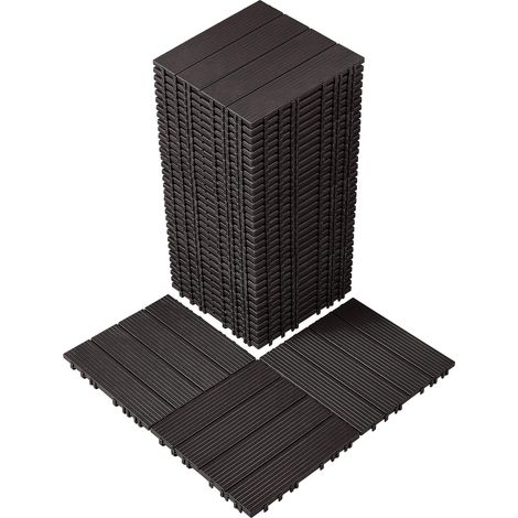 Dalles de Terrasse Emboîtables, Lot de 36, Revêtement de Sol Plastique Imperméable, 300x300 mm, 33444 c㎡, Utilisation par Tous les Temps, pour Porche, Piscine, Balcon, Arrière-cour, Marron Foncé (1/5)