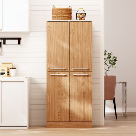 Armoire haute 4 portes cuisine, rangement salle à manger, étagères réglables, poignées métal, anti-basculement, aspect chêne 76 x 42 x 179,5 cm - blanc + naturel (1/5)