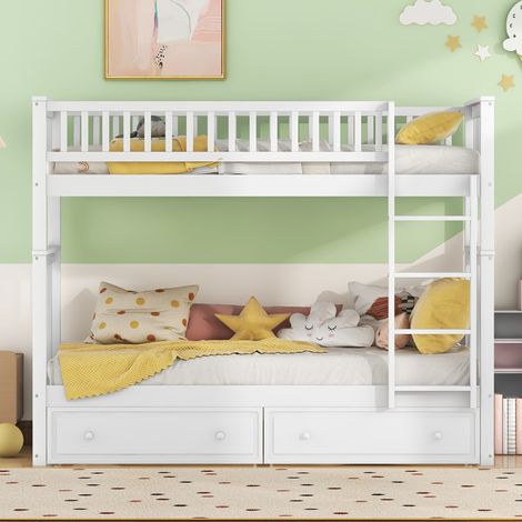 Lit superposé 90x200 cm pour enfants, fonctionnel avec tiroirs, blanc, cabriolet, literie enfant, couchage 2 places, meuble chambre, sommier intégré (1/5)