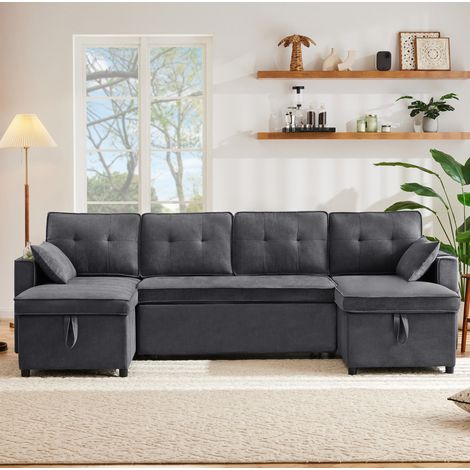 Canapé convertible en U tissu coton et lin gris 270x130x86 cm avec rangements et porte-gobelets (1/5)