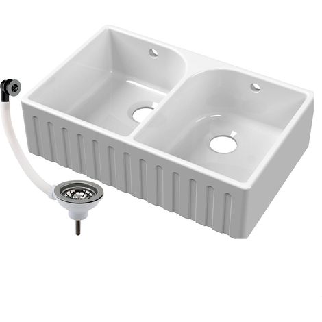 Balterley Fireclay Double Bowl Fluted Front Butler Kitchen Sink with Full Weir, Overflows, Tap Ledge & Brushed Nickel Wastes 795mm