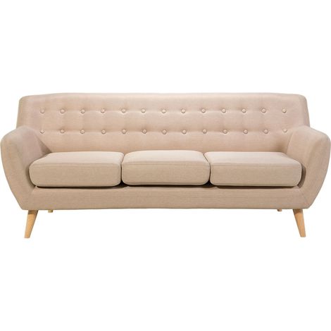 Canapé en Tissu Beige Capitonnage Décoratif et Patins 3 Places Style Rétro Motala