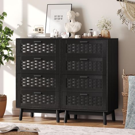 Chiffonnier 4 Tiroirs 55x39.8x95 cm - Commode Slim avec Façades Imitation Rotin & Pieds Bois Massif - Bois & PVC - Noir