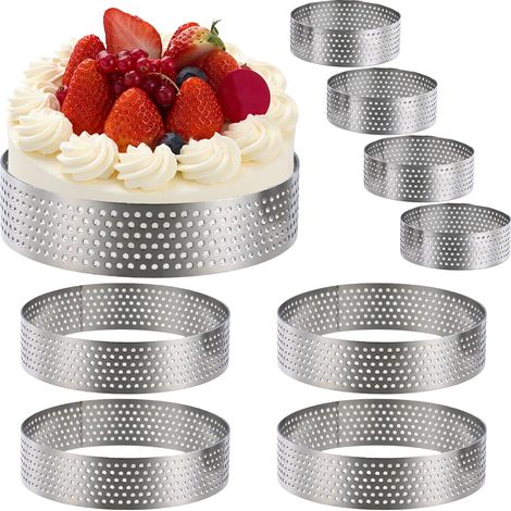 8 x Perforated 430 Stainless Steel Pie Circles, Diameter 6 cm and 8 cm Pie Rings, Perforated Circle for Patisserie Tart Circles, Mini Cake Mould, Mini Pizza, Muffin (1/5)