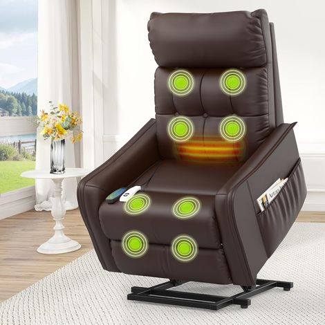 Fauteuil de télévision, fauteuil de détente avec aide au lever, fauteuil de massage électrique avec fonction d'inclinaison, fauteuil de salon avec 2 télécommandes, PU marron