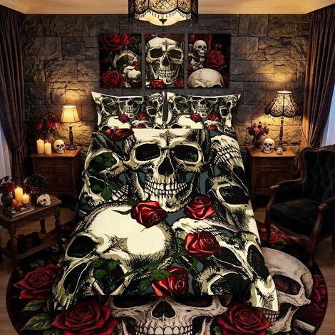 Parure de lit avec housse de couette motif tête de mort et roses rouges pour garçons et filles - Style gothique effrayant - Parure de lit double (1/4)