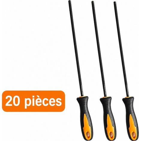 Lot de 20 limes rondes pour tronçonneuse, diamètre 4,8 mm, longueur totale 280 mm, grain moyen, taille double, acier résistant (1/5)