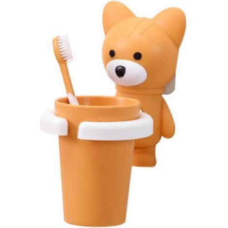 Porte-brosse à dents mural jaune à ventouse pour enfants, avec support pour bain de bouche et bain de bouche.