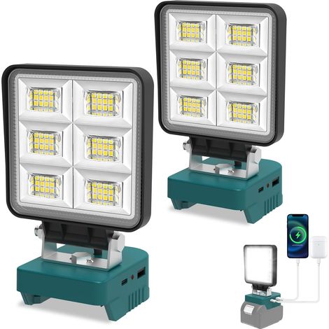 2 Pièces Lampe à Batterie pour 18V, 48W 5200LM Lampe de Travail LED, Projecteurs Portables avec USB et Type C, Mini Lampe de Chantier 2 Modes de Luminosité pour Réparation Automobile (1/5)