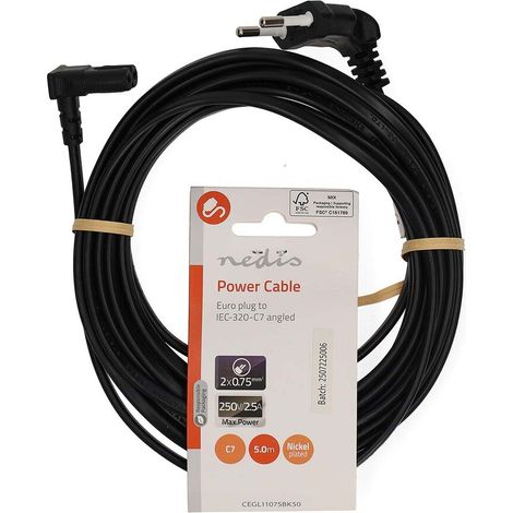 Nedis Stromkabel / Euro Männlich / IEC-320-C7 / 90° abgewinkelt / 90° abgewinkelt / Vernickelt / 5.00 m / Rund / PVC / Schwarz / Label