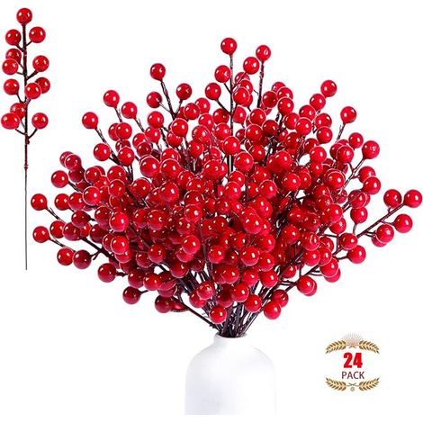Rameaux Artificiels De Baies Rouges - 24 Pièces - 24 Cm - Pour Décoration De Sapin De Noël Couronnes Guirlandes Et DIY (1/5)