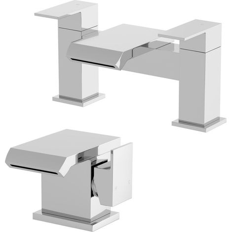 Waterfall Basin Mixer Tap Bath Filler Tap Set Chrome Square Lever