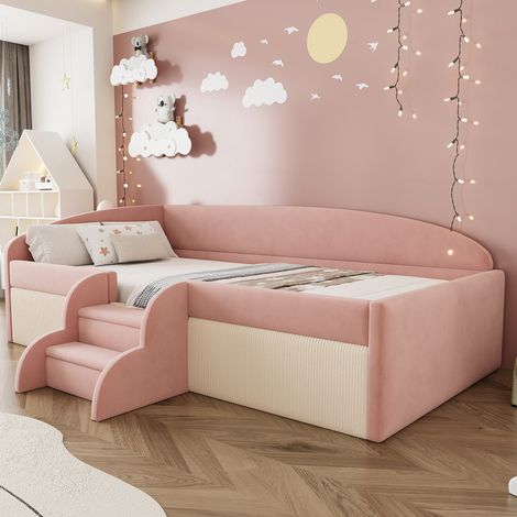 Cama infantil 90 x 190 cm de terciopelo con escalones, barreras y somier, rosa y blanco OKMYHOME (1/5)