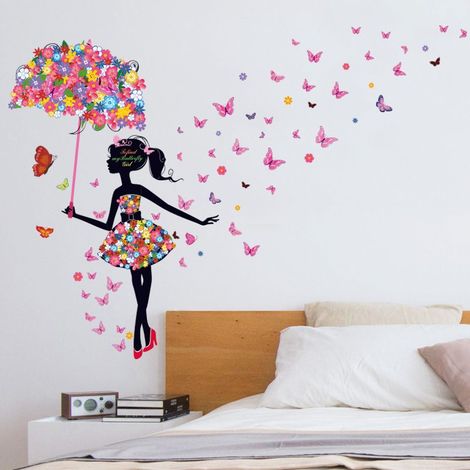 1pc sticker mural fille Romantique Dansant Fleur Fée Papillon autocollant Amovible decoration pour Chambre salon Pépinière DIY sticker Décoratif de Fée de Fleur de Papillon (1/5)