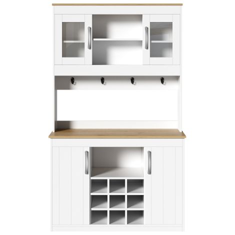 Buffet 175 cm, portes vitrées, casier vin, crochets, meuble cuisine multi