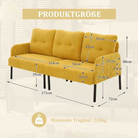 Canapé 3 places en velours côtelé, dossier haut, poches latérales, pieds métal – pour salon, chambre ou bureau (1/4)
