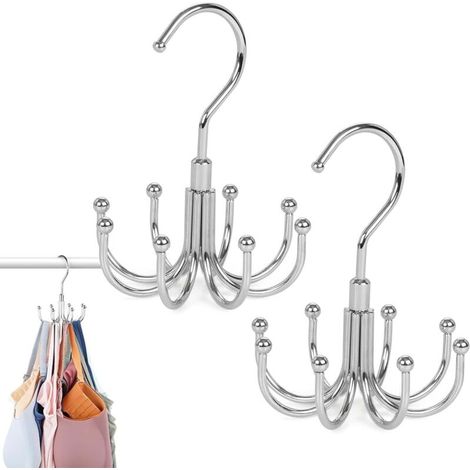2 Pieces Space Saving Hanger, Multifunctional Belt Organizer, 360° Rotating Hangers, 8-Prong Belt Holder, for Ties, Scarves, Hats, Bras, Garter Belts (Silver (1/5)