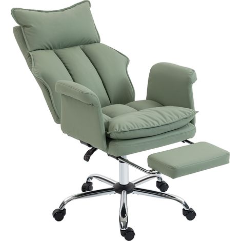 HOMCOM silla de escritorio giratoria con reposapiés, respaldo reclinable y alto, acolchado grueso, tapizada en cuero sintético, altura ajustable