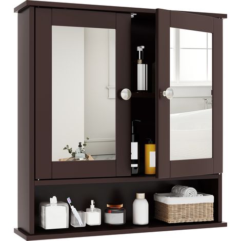 COSTWAY Wall Mounted Bathroom Mirror Cabinet Wooden Storage Cupboard Medicine Brown (1/5)