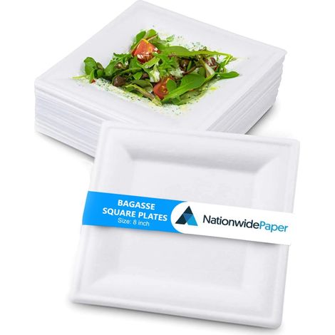 APEX Assiettes carrées en papier biodégradable de 20 cm, assiettes jetables blanches en bagasse, assiettes résistantes (100 pièces) (1/5)