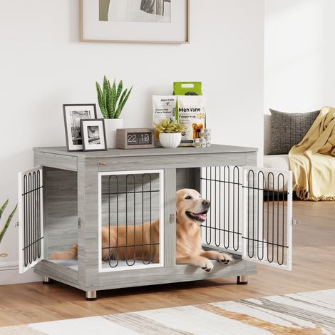 Dog Crate Furniture End Table, with Washable Cushion, Double Doors, for Medium/Large Dogs, Grey