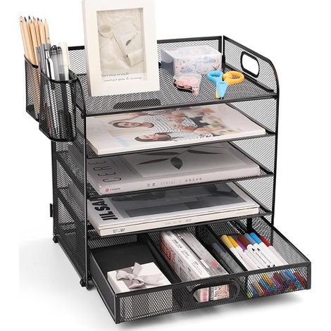 Bac à courrier en Maille, Organiseur de Bureau, Porte-Documents A4 pour la Maison, Le Bureau, l'école (Maille Métallique-5 Niveaux + Tiroir + Porte Stylo) (1/5)