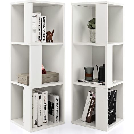 COSTWAY Librería Estantería Independiente de 3 Niveles, Juego de 2 Estante de Exhibición Asimétrica con 6 Compartimientos, Dispositivo Antivuelco para Sala de Estar, Dormitorio (Blanco) (1/5)
