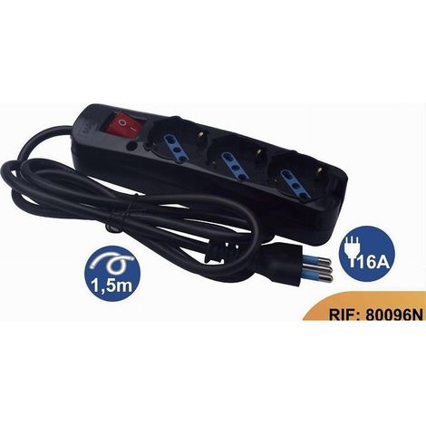 TrAdE Shop Traesio - Multipresa Nera Cavo 1,5mt Spina 16a + 3 Uscite Schuko Protezione Bambini 80096n - (1/2)