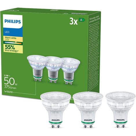 PHILIPS LED Faretto Classe A Ultra Efficiente, 3 Pezzi, 50W, GU10, Luce Bianca Calda (1/5)