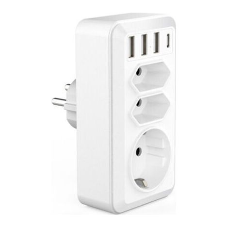 7-in-1 USB power strip with 3 AC outlets (16A, 3800W), 3 5V/3.4A USB ports and 1 USB-C port. Ideal for home, office and travel. Compatible with phones. (1/2)