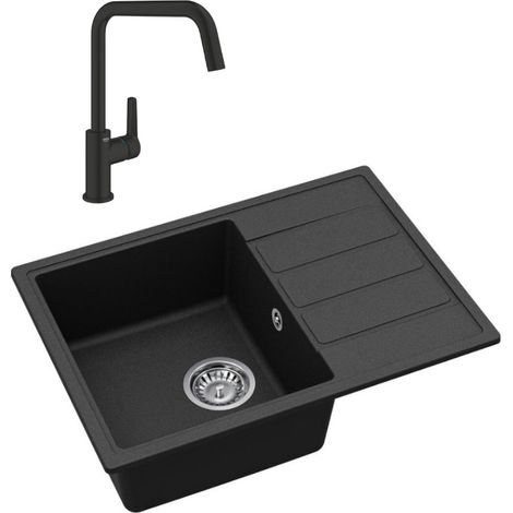 62x44 cm évier avec égouttoir réversible en Granite, à encastrer, noir + mitigeur lavabo/cuisine Grohe Start (SATSE2BG430)