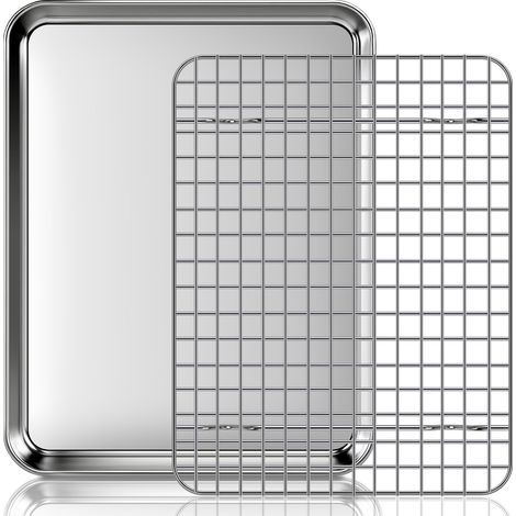 Backblech mit Kühlgitter: Ein Set aus Edelstahl-Backblechen und -Grillrosten, geeignet zum Braten, Kochen und Grillen, 31,5 x 24,5 x 2,5 cm (1/5)