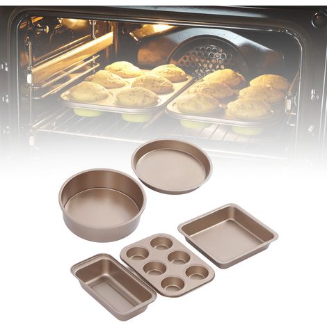 Juego profesional de moldes para hornear: juego rectangular de moldes para pasteles y pizzas, fabricado en acero al carbono color oro, 6 piezas antideslizantes. (1/5)