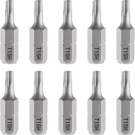 10pcs T15H Embout de Tournevis Torx 1/4" Tige Hexagonale 25mm/1" Longueur Magnétique Tête Étoile à 6 Pans Acier S2 Embout de Tournevis avec Trou (1/5)