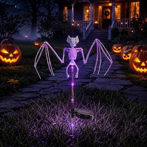 Guirlandes lumineuses solaires squelettes d'Halloween pour l'extérieur, LED violettes à piquer au sol, étanches, pour pelouse, cour, jardin et terrasse. (1/5)