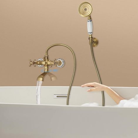 Gold Messing Badewanne Mischer Armatur, Wandarmatur Armatur Badewanne Set mit Kreuzgriffen und Handbrause, für Badezimmer, Duschen und Badewannen (1/5)