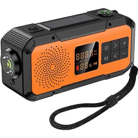 Radio d'urgence solaire à manivelle avec lampe torche Bluetooth, boussole SOS, radio portable NOAA/WB/AM/FM pour le camping et la survie en plein air. (1/5)
