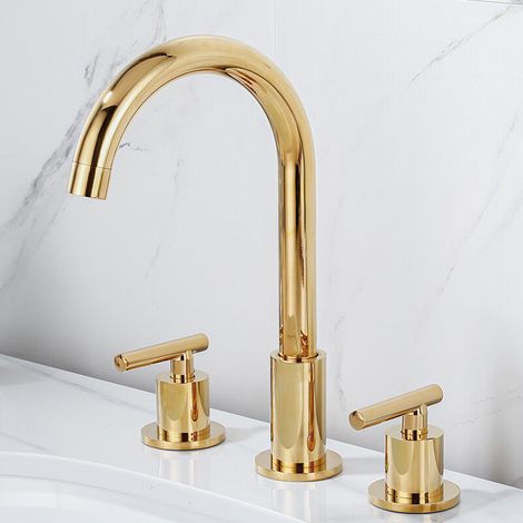 Robinet de Salle de Bain 3 Trous,Robinet de Salle de Bain à Deux Poignées,Robinet de Salle de Bain Généralisé de 7 Pouces avec Col de Cygne Pivotant à 360° Or Brossé (1/5)
